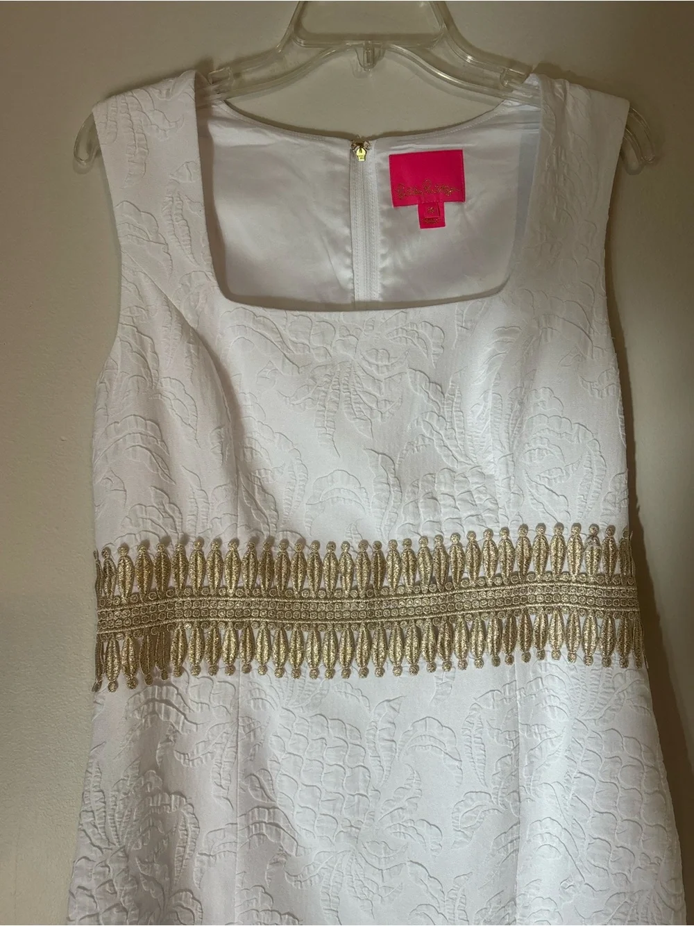 Lilly Pulitzer White Sleeveless Square-Neck Mini Dress with Gold Waist Trim - Picture 6 of 7